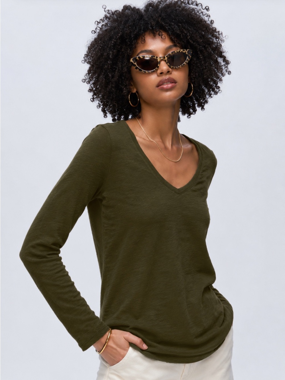 ATM V-Neck Long Sleeve Slub Jersey Cotton Women’s Top in Army Green,